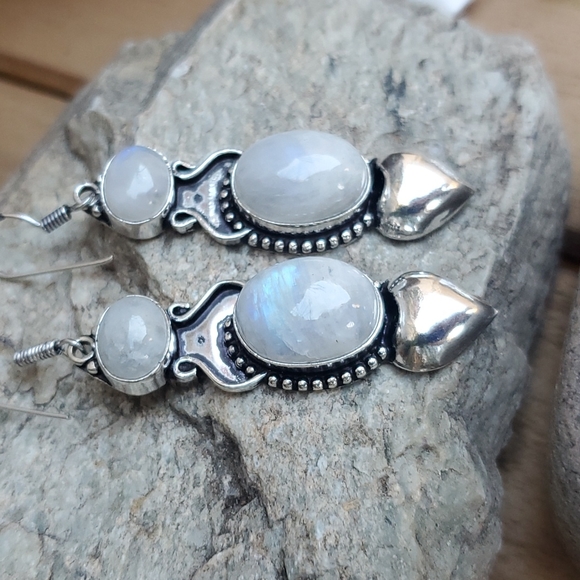 New Rainbow Moonstone 925 Silver Statement Earrings. - Picture 5 of 13